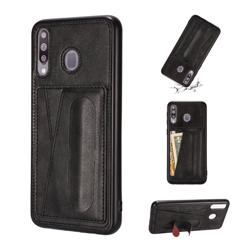 

For Galaxy A40s Shockproof PC + PU Protective Case with Spring Holder & Card Slot(Black)