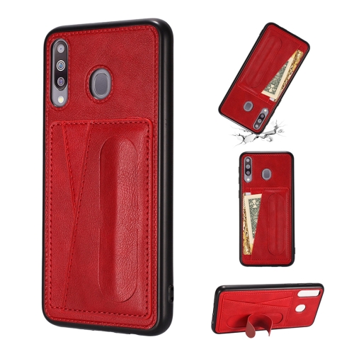 

For Galaxy M30 Shockproof PC + PU Protective Case with Spring Holder & Card Slot(Red)