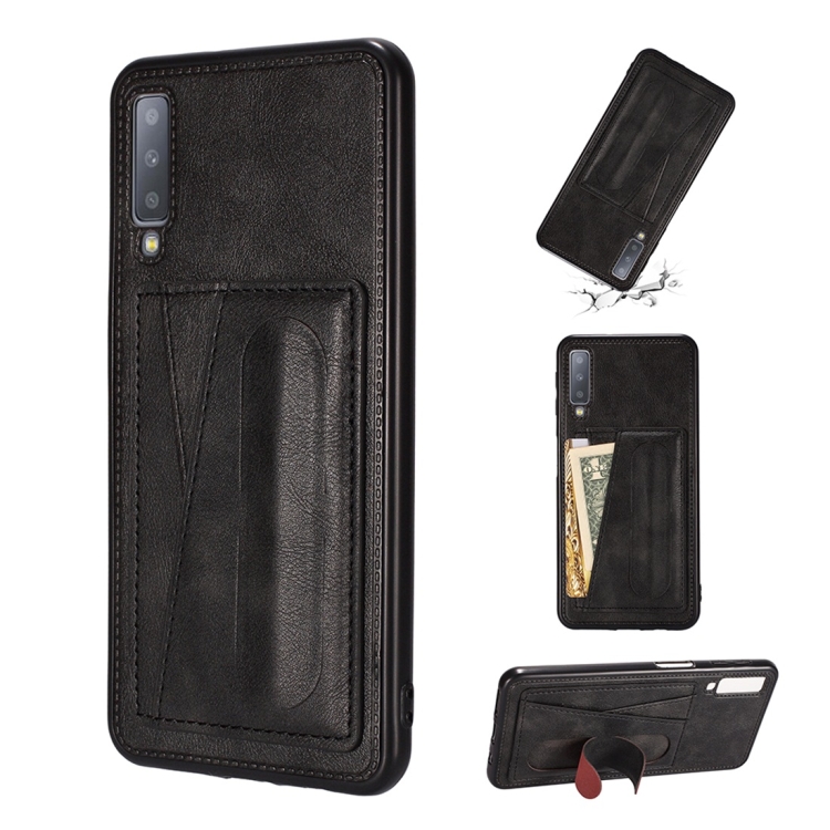

For Galaxy A7 (2018) Shockproof PC + PU Protective Case with Spring Holder & Card Slot(Black)