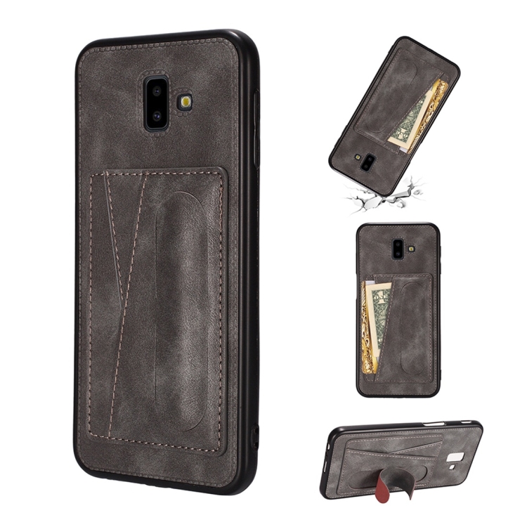 

For Galaxy J8 (2018) Shockproof PC + PU Protective Case with Spring Holder & Card Slot(Grey)