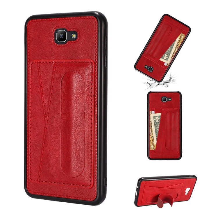 

For Galaxy J7 Prime Shockproof PC + PU Protective Case with Spring Holder & Card Slot(Red)