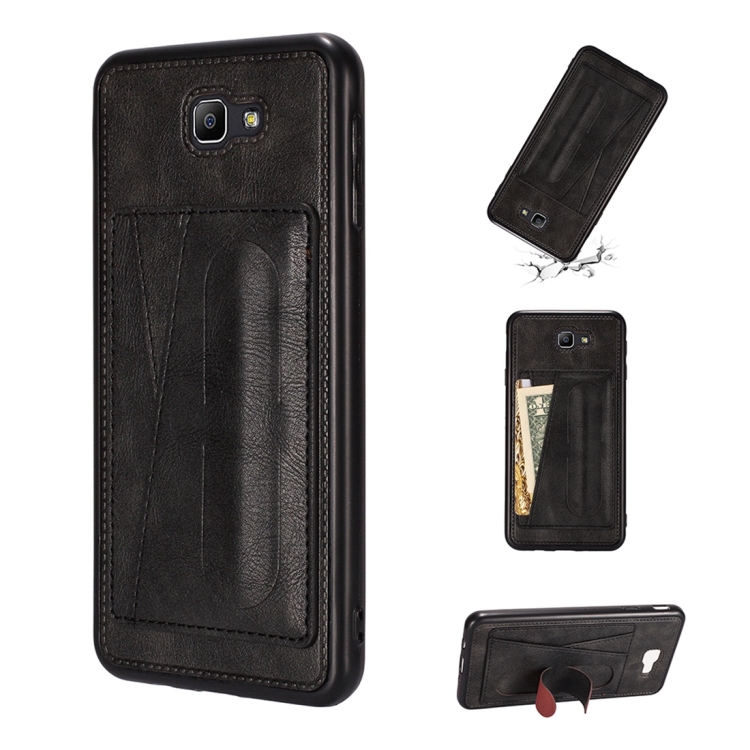 

For Galaxy On7 (2016) Shockproof PC + PU Protective Case with Spring Holder & Card Slot(Black)