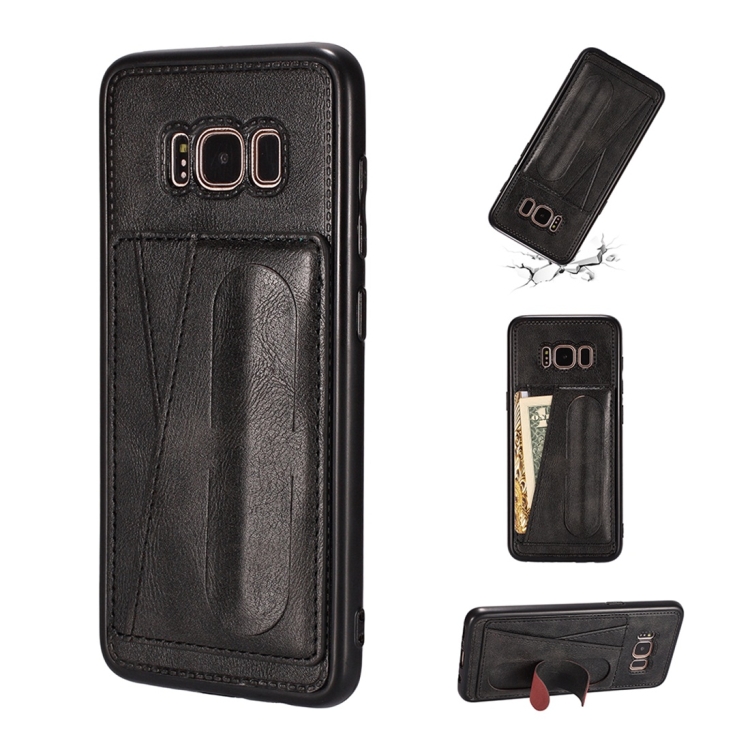 

For Galaxy S8 Shockproof PC + PU Protective Case with Spring Holder & Card Slot(Black)