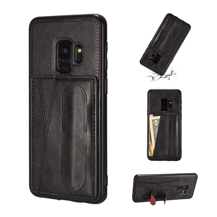 

For Galaxy S9+ Shockproof PC + PU Protective Case with Spring Holder & Card Slot(Black)