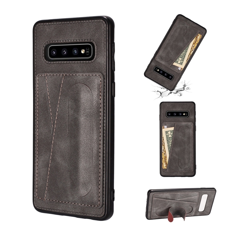 

For Galaxy S10 Shockproof PC + PU Protective Case with Spring Holder & Card Slot(Grey)