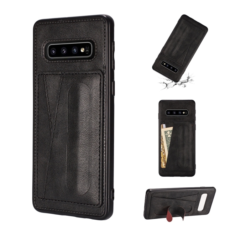 

For Galaxy S10 Shockproof PC + PU Protective Case with Spring Holder & Card Slot(Black)