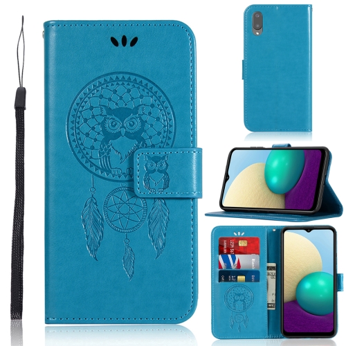 

For Samsung Galaxy A02 (EU Version) Wind Chime Owl Embossing Pattern Horizontal Flip Leather Case with Holder & Card Slots & Wallet(Blue)