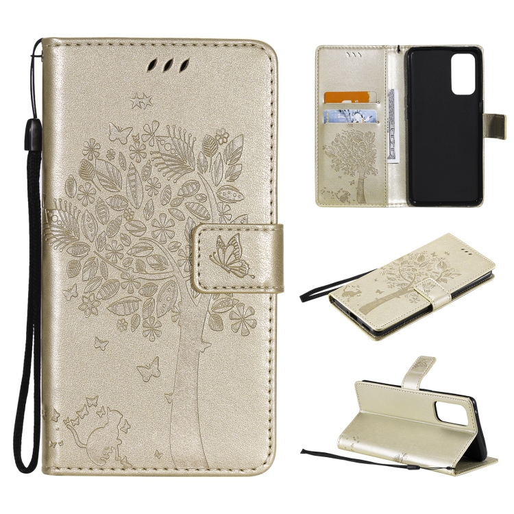 

For OPPO Reno5 Pro 5G Tree & Cat Pattern Pressed Printing Horizontal Flip PU Leather Case with Holder & Card Slots & Wallet & Lanyard(Gold)