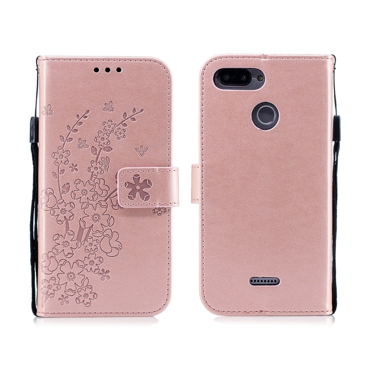 

For Xiaomi Redmi 6 Plum Flowers Pattern Horizontal Flip Leather Case with Holder & Card Slots & Wallet & Lanyard(Rose Gold)