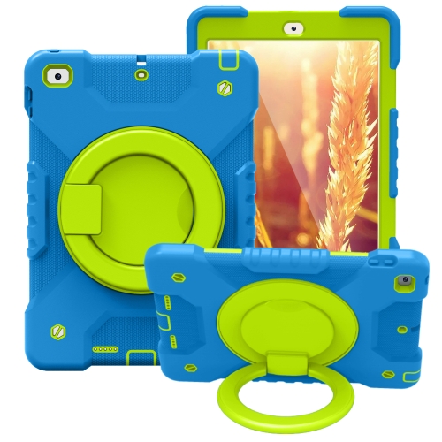 

Shockproof Colorful Silicone + PC Protective Case with Holder & Shoulder Strap & Pen Slot For iPad 9.7 inch (2017) & (2018) Blue + Grass Green)