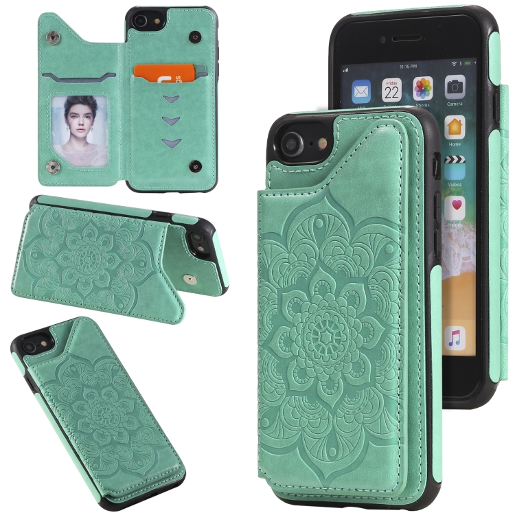 

Flower Embossing Pattern Shockproof Protective Case with Holder & Card Slots & Photo Frame For iPhone SE 2020 / 8 / 7(Green)
