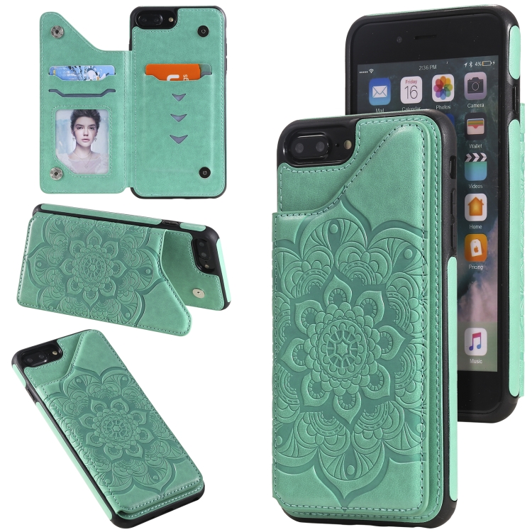 

Flower Embossing Pattern Shockproof Protective Case with Holder & Card Slots & Photo Frame For iPhone 8 Plus / 7 Plus(Green)