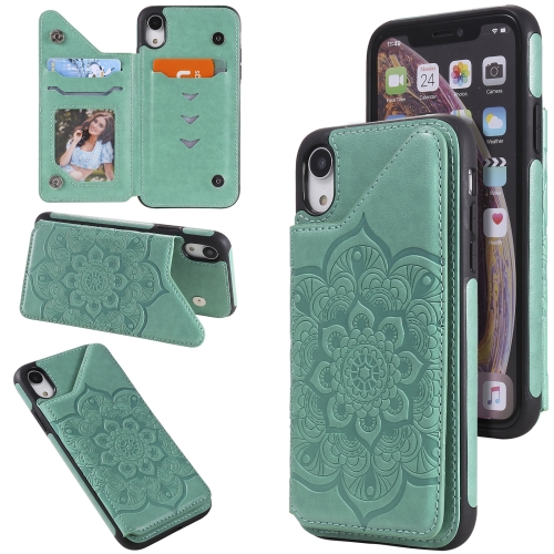 

Flower Embossing Pattern Shockproof Protective Case with Holder & Card Slots & Photo Frame For iPhone XR(Green)