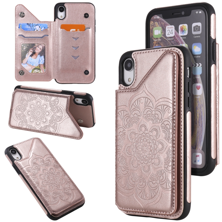 

Flower Embossing Pattern Shockproof Protective Case with Holder & Card Slots & Photo Frame For iPhone XR(Rose Gold)