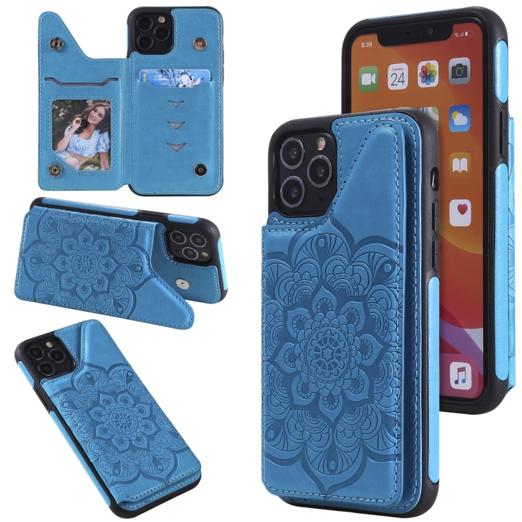

Flower Embossing Pattern Shockproof Protective Case with Holder & Card Slots & Photo Frame For iPhone 11 Pro(Blue)