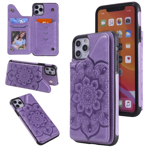 

Flower Embossing Pattern Shockproof Protective Case with Holder & Card Slots & Photo Frame For iPhone 11 Pro Max(Purple)