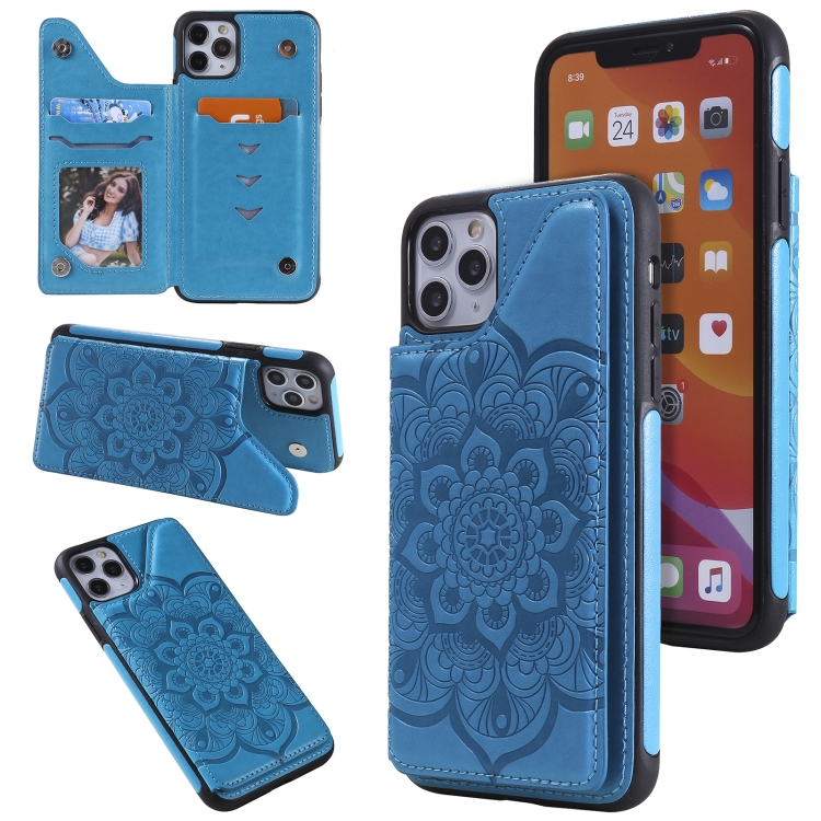 

Flower Embossing Pattern Shockproof Protective Case with Holder & Card Slots & Photo Frame For iPhone 11 Pro Max(Blue)