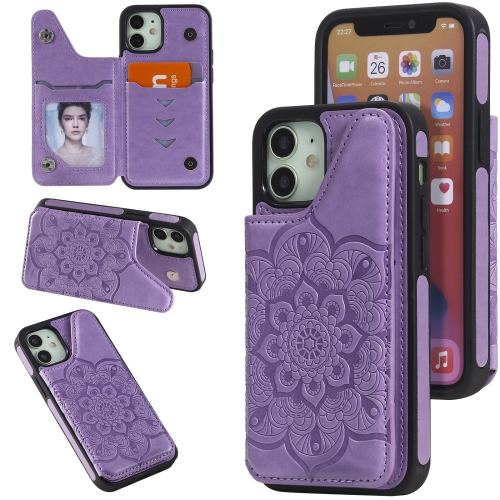 

Flower Embossing Pattern Shockproof Protective Case with Holder & Card Slots & Photo Frame For iPhone 12 mini(Purple)