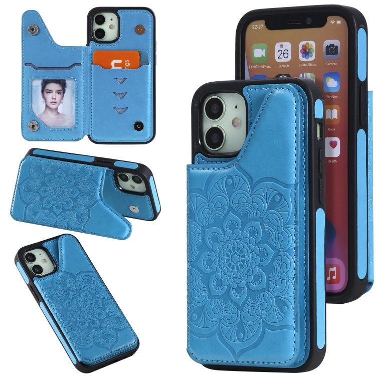

Flower Embossing Pattern Shockproof Protective Case with Holder & Card Slots & Photo Frame For iPhone 12 mini(Blue)