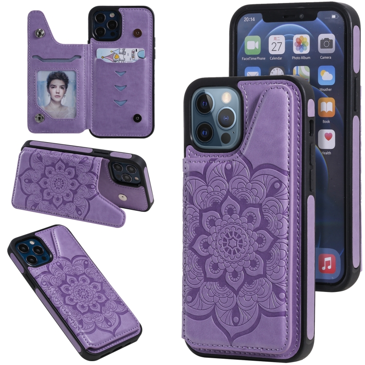

Flower Embossing Pattern Shockproof Protective Case with Holder & Card Slots & Photo Frame For iPhone 12 / 12 Pro(Purple)