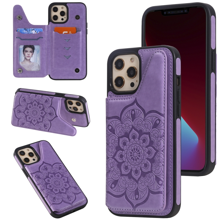

Flower Embossing Pattern Shockproof Protective Case with Holder & Card Slots & Photo Frame For iPhone 12 Pro Max(Purple)