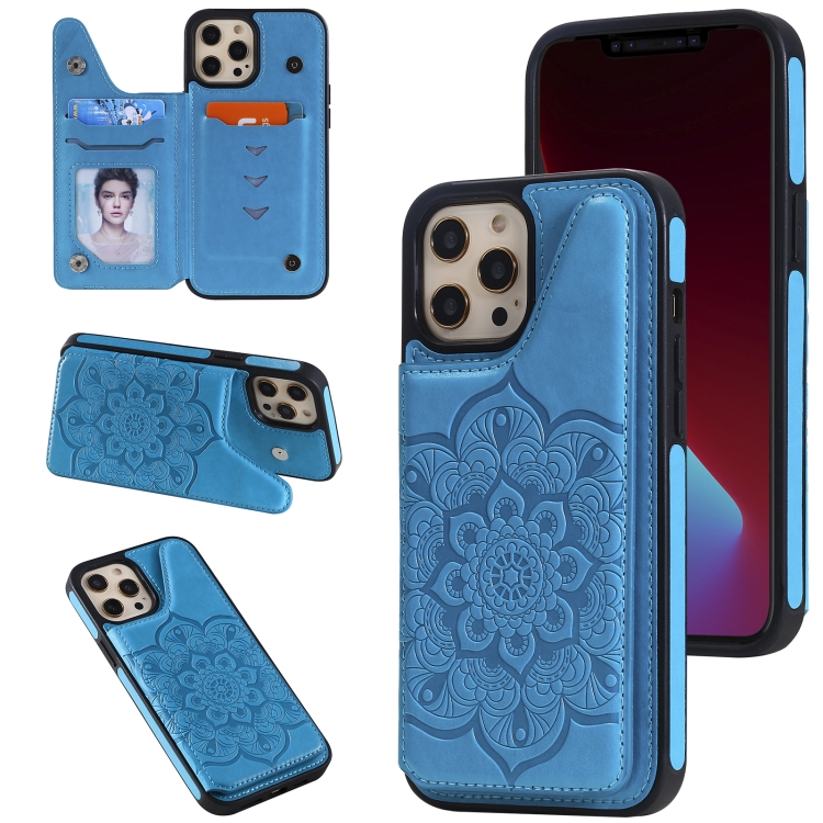 

Flower Embossing Pattern Shockproof Protective Case with Holder & Card Slots & Photo Frame For iPhone 12 Pro Max(Blue)
