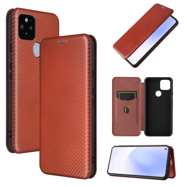 

For Google Pixel 5a 5G Carbon Fiber Texture Magnetic Horizontal Flip TPU + PC + PU Leather Case with Card Slot(Brown)