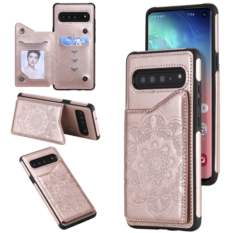 

For Samsung Galaxy S10 Flower Embossing Pattern Shockproof Protective Case with Holder & Card Slots & Photo Frame(Rose Gold)
