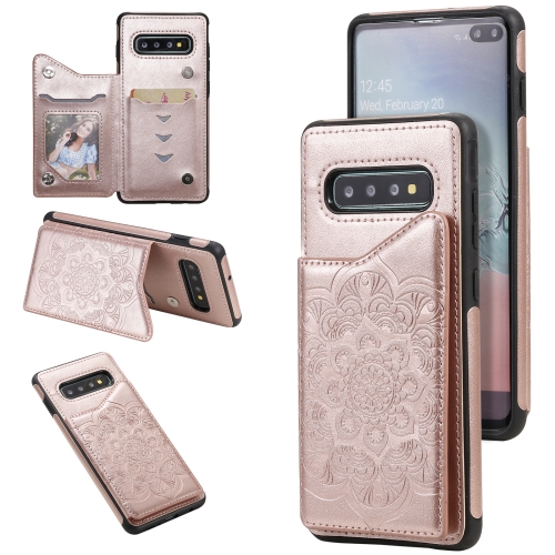 

For Samsung Galaxy S10 Plus Flower Embossing Pattern Shockproof Protective Case with Holder & Card Slots & Photo Frame(Rose Gold)