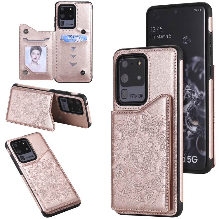 

For Samsung Galaxy S20 Ultra Flower Embossing Pattern Shockproof Protective Case with Holder & Card Slots & Photo Frame(Rose Gold)