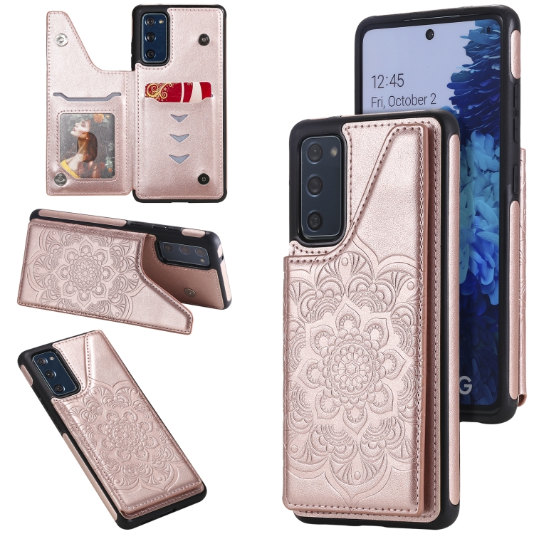 

For Samsung Galaxy S20 FE 5G Flower Embossing Pattern Shockproof Protective Case with Holder & Card Slots & Photo Frame(Rose Gold)