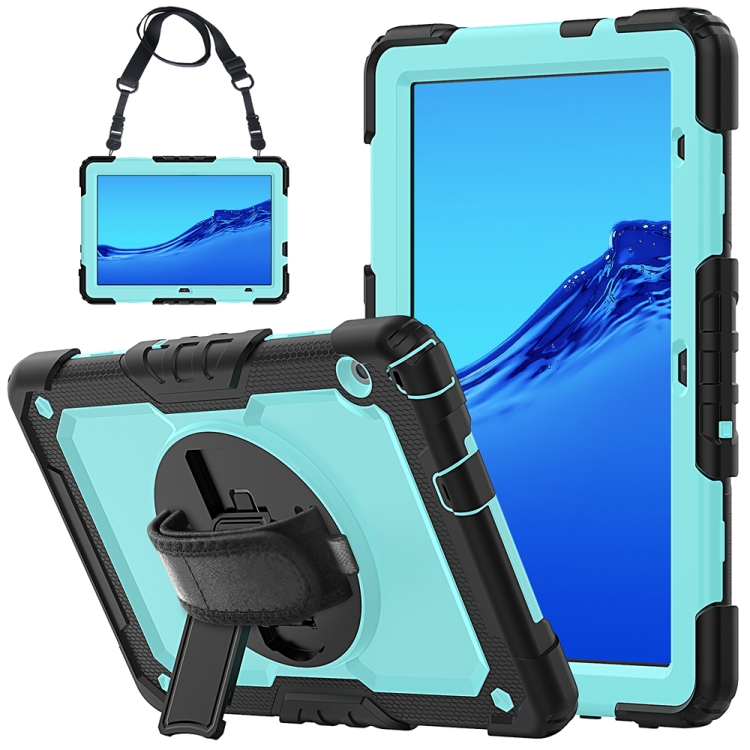 

For Huawei MediaPad T5 Shockproof Colorful Silicone + PC Protective Case with Holder & Shoulder Strap & Hand Strap(Black Light Blue)