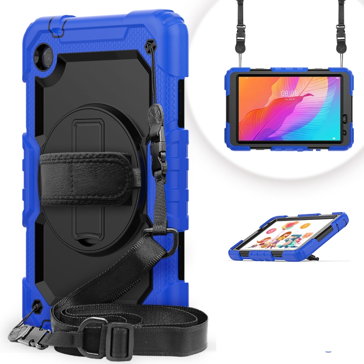 

For Huawei MatePad T8 Shockproof Colorful Silicone + PC Protective Case with Holder & Shoulder Strap & Hand Strap(Blue)