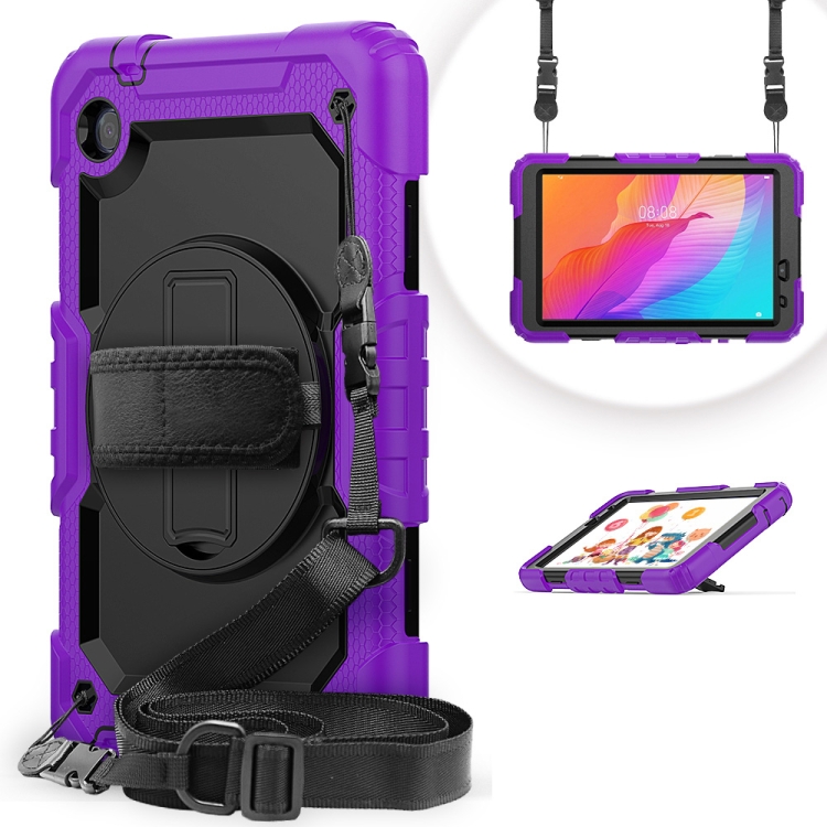 

For Huawei MatePad T8 Shockproof Colorful Silicone + PC Protective Case with Holder & Shoulder Strap & Hand Strap(Purple)