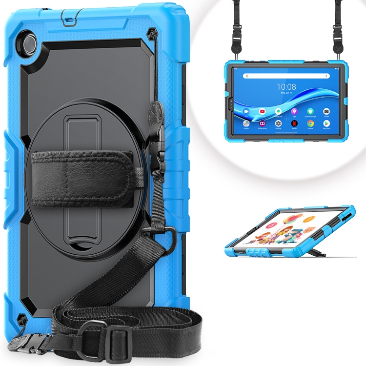 

For Lenovo Tab M10 FHD Plus Shockproof Colorful Silicone + PC Protective Case with Holder & Shoulder Strap & Hand Strap(Light Blue)