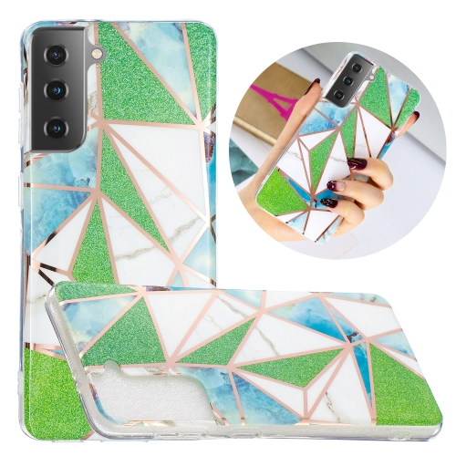 

For Samsung Galaxy S21 5G Flat Plating Splicing Gilding Protective Case(Green Triangle Body Color Matching)