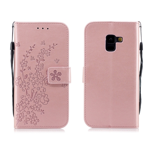 

For Galaxy A8 (2018) Plum Flowers Pattern Horizontal Flip Leather Case with Holder & Card Slots & Wallet & Lanyard(Rose Gold)