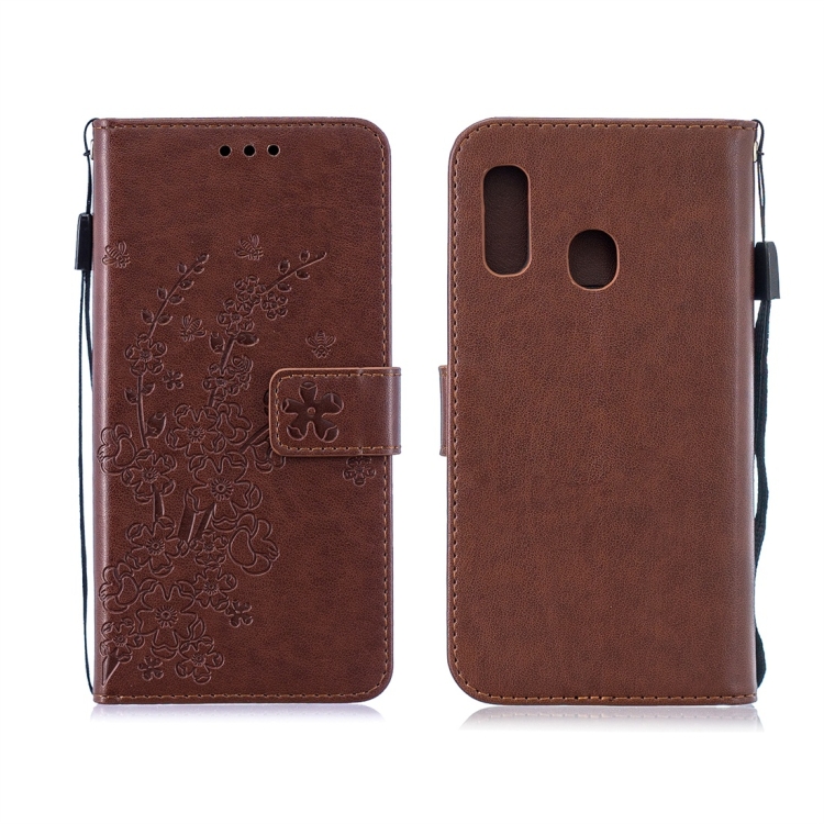 

For Galaxy A20e Plum Flowers Pattern Horizontal Flip Leather Case with Holder & Card Slots & Wallet & Lanyard(Brown)