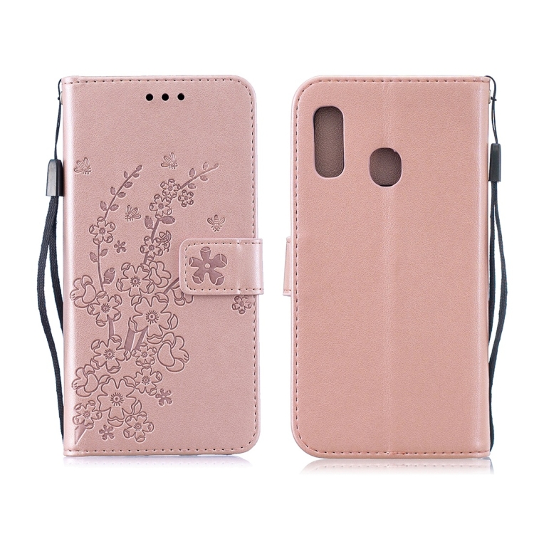 

For Galaxy A30 Plum Flowers Pattern Horizontal Flip Leather Case with Holder & Card Slots & Wallet & Lanyard(Rose Gold)