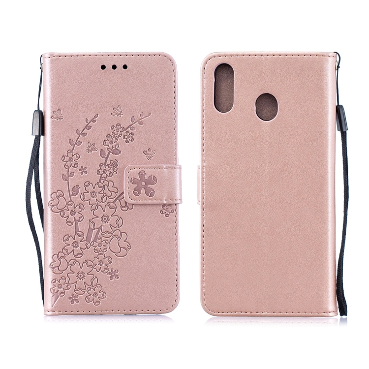 

For Galaxy M20 Plum Flowers Pattern Horizontal Flip Leather Case with Holder & Card Slots & Wallet & Lanyard(Rose Gold)