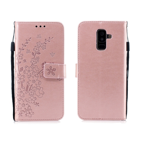 

For Galaxy A6+ (2018) Plum Flowers Pattern Horizontal Flip Leather Case with Holder & Card Slots & Wallet & Lanyard(Rose Gold)