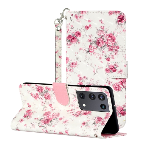 

For Samsung Galaxy S21 Ultra 5G 3D Pattern Horizontal Flip Leather Case with Holder & Card Slots & Wallet & Lanyard(Rose Flower)