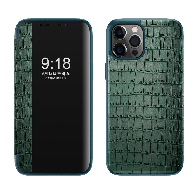 

Crocodile Texture Display Window Horizontal Flip Leather Case For iPhone 12 Pro Max(Green)