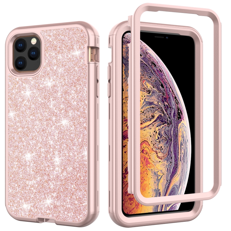 Sunsky For Iphone 11 Pro Max 3 In 1 Glitter Solid Color Tpu Pc Shockproof Case Rose Gold