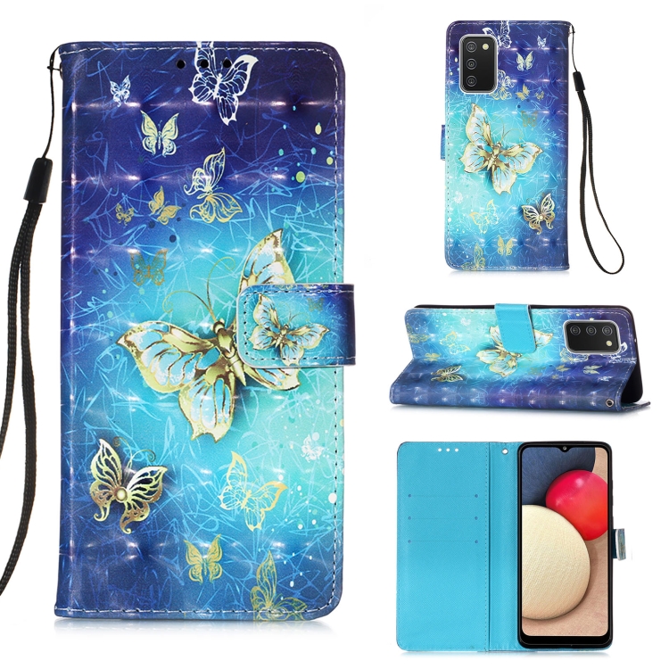 

For Samsung Galaxy A02s(US Version) 3D Painting Horizontal Flip Leather Case with Holder & Card Slot & Wallet & Lanyard(Golden Butterfly)
