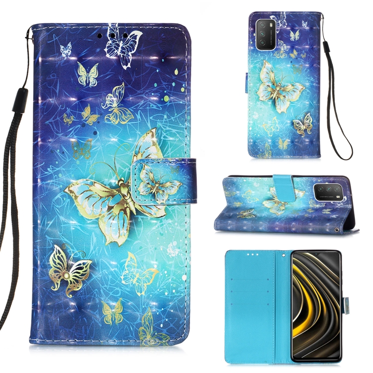 

For Xiaomi Poco M3 / Note 9 4G / Redmi 9 Power 3D Painting Horizontal Flip Leather Case with Holder & Card Slot & Wallet & Lanyard(Golden Butterfly)