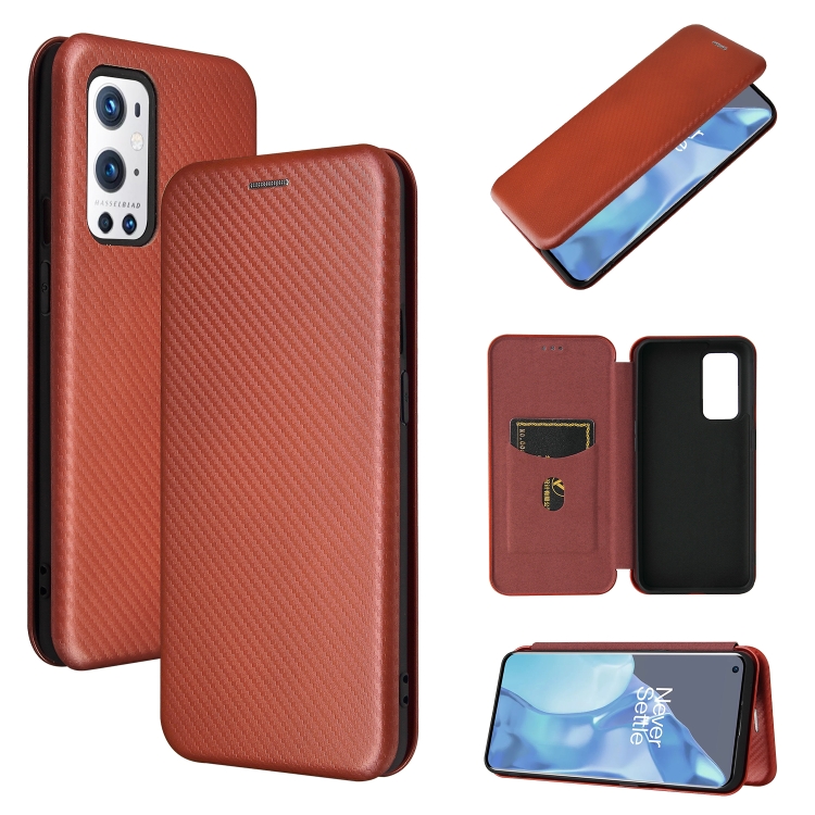 

For OnePlus 9 Pro Carbon Fiber Texture Magnetic Horizontal Flip TPU + PC + PU Leather Case with Card Slot(Brown)