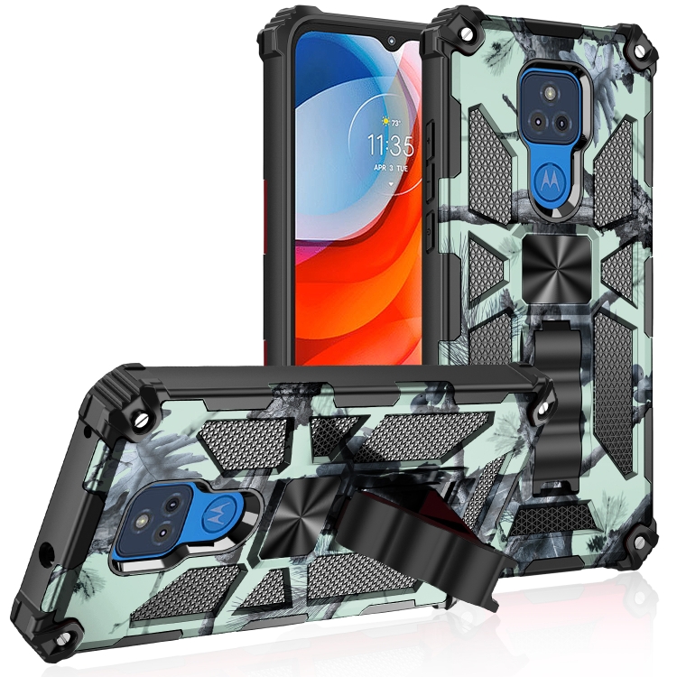 

For Motorola Moto G Play (2021) Camouflage Armor Shockproof TPU + PC Magnetic Protective Case with Holder(Mint Green)