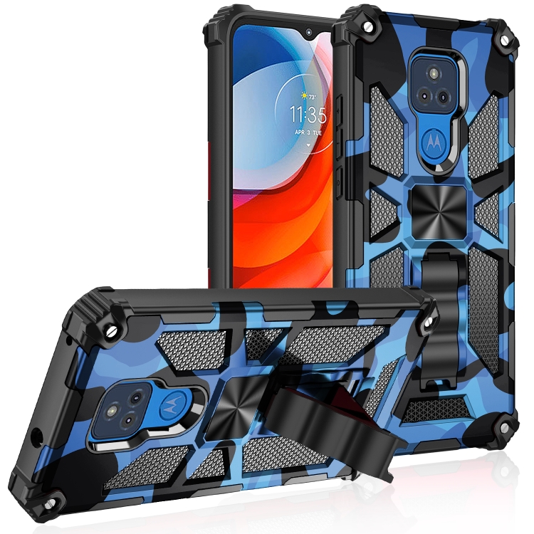 

For Motorola Moto G Play (2021) Camouflage Armor Shockproof TPU + PC Magnetic Protective Case with Holder(Dark Blue)