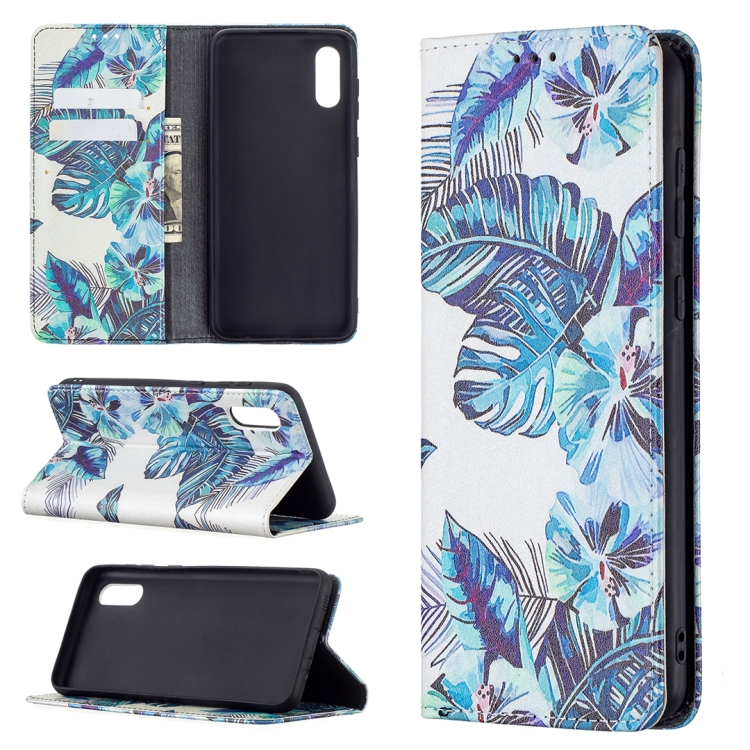 

For Samsung Galaxy A02 Colored Drawing Pattern Invisible Magnetic Horizontal Flip PU Leather Case with Holder & Card Slots & Wallet(Blue Leaves)
